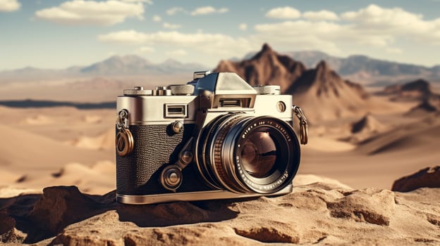 film camera with nature background, copy space, Generative AI photo