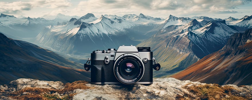 film camera with nature background, copy space, Generative AI photo
