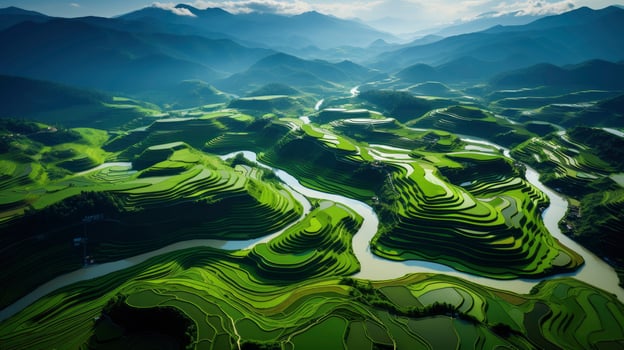 An aerial view of a vast and lush rice field, Generative AI photo