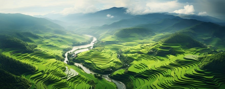 An aerial view of a vast and lush rice field, Generative AI photo