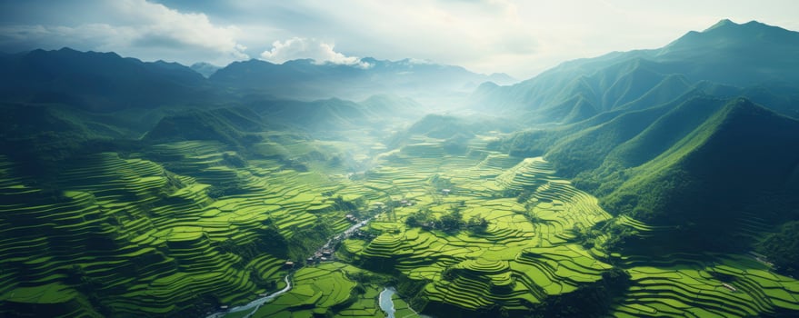 An aerial view of a vast and lush rice field, Generative AI photo