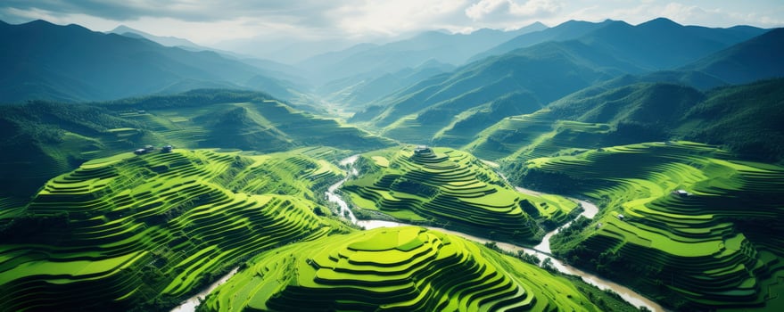 An aerial view of a vast and lush rice field, Generative AI photo
