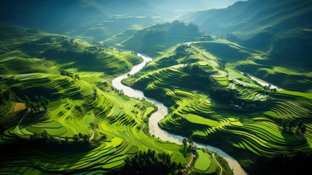 An aerial view of a vast and lush rice field, Generative AI photo