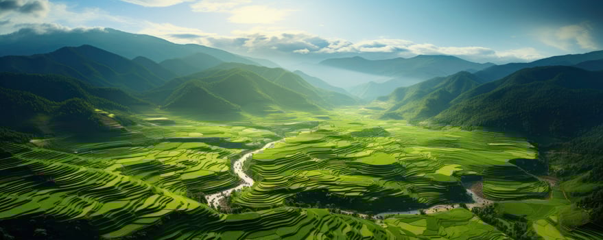 An aerial view of a vast and lush rice field, Generative AI photo