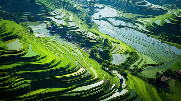 An aerial view of a vast and lush rice field, Generative AI photo
