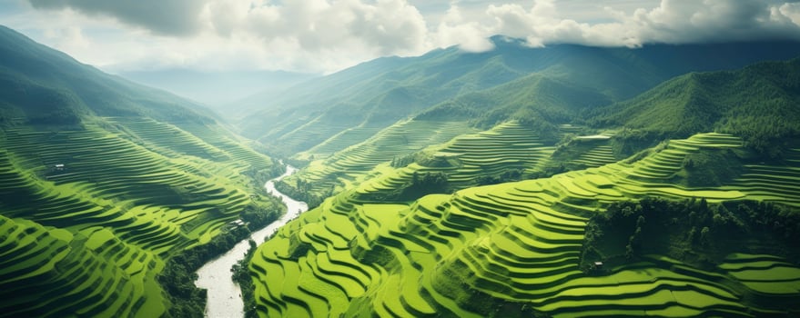 An aerial view of a vast and lush rice field, Generative AI photo