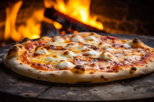 AI generated Hot pizza in the oven on a wooden board. Fire in the background photo