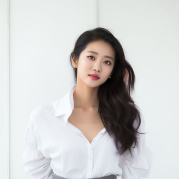 beautiful asian woman in white suit sitting on chair ai generated photo