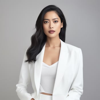 beautiful asian woman in white suit sitting on chair ai generated photo