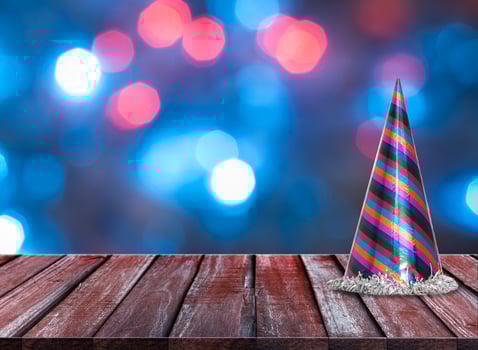 celebration background of Wood table top on colorful bokeh photo