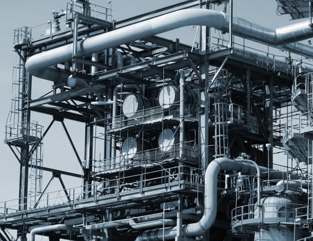 Pipelines and towers view of oil and gas refinery photo