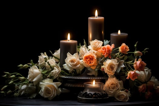 Beautiful flowers and candles on black background.Funeral Concept AI generated photo