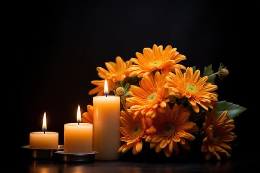 Beautiful flowers and candles on black background.Funeral Concept AI generated photo