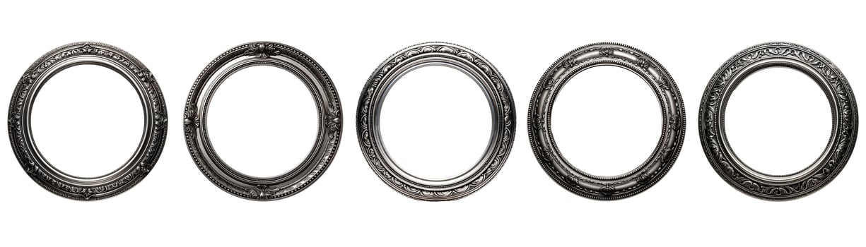Collection of front view antique circle silver picture frame. Photo of ancient vintage mirror frame. Isolated on white background. Generative AI