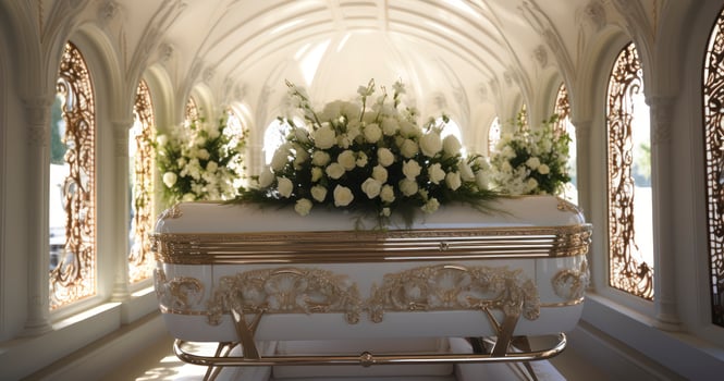 Eternal Rest. The Serene Beauty of a White Casket Before the Final Committal. Generative AI photo