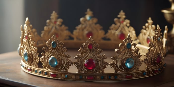 a realistic crown sits on top of a wooden table ai generated photo