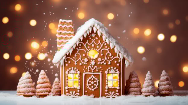 AI Generated Gingerbread house on a winter background. photo