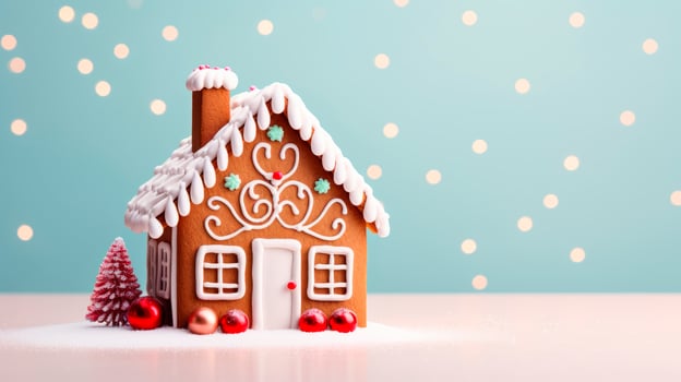 AI Generated Gingerbread house on a winter background. photo