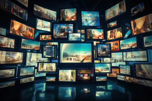 Many TV screens in room. Generative AI photo