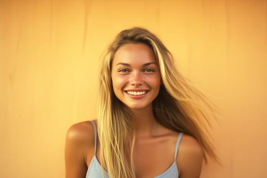 Beautiful Young Woman with Long Blond Hair on a Yellow Background photo