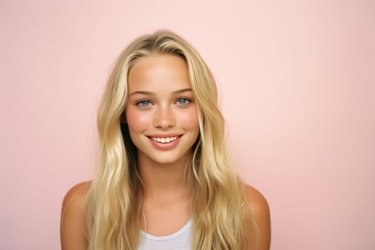 Portrait of Beautiful Young Woman with Blond Hair on Pink Background photo