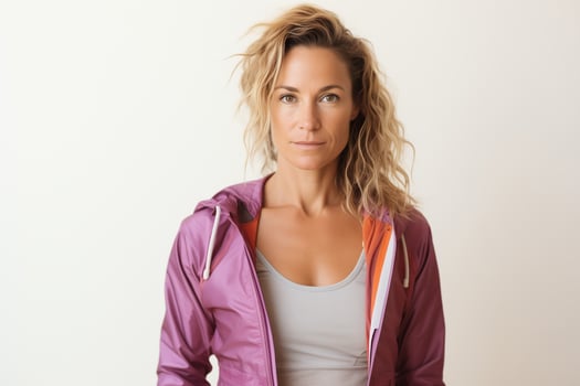 Portrait of a Beautiful Blond Woman in Sportswear Looking at Camera photo