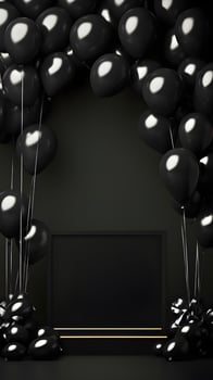 Black Balloon Archway with Gold Accents in Dark Room photo