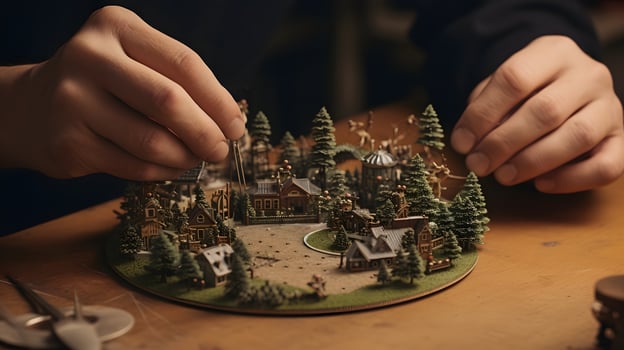 A Handcrafted Scene with Snowy Trees and Building Miniature Winter Village photo