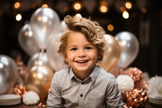 Smiling young boy with curly hair enjoying his birthday party, surrounded by metallic balloons and glowing background lights, joyful festive atmosphere. AI Generative photo