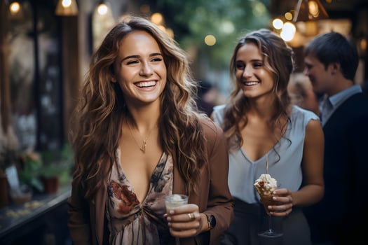 Beautiful smiling Caucasian business woman is holding coffee cup and walking with friends on street in the city. AI Generated photo