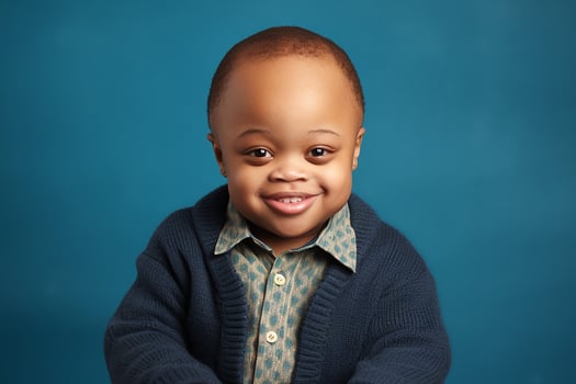 Ai generated Studio portrait of cute little boy with down syndrome on different colors background photo