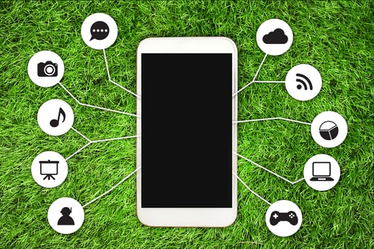 Modern smartphone with a digital network icon concept, surrounded by technology symbols, showcasing mobile communication, social media, and digital interaction. photo