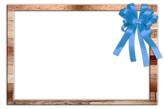 Wooden photo frame with a blue ribbon bow in the corner, isolated on white background. Ideal for decorative designs, holiday greetings, or presentation templates and layouts.