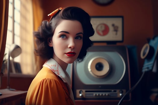 Woman retro music style radio. Generate Ai photo