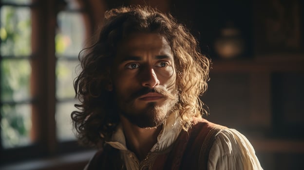 A young man with long curly hair, wearing a white shirt and a red vest, against a room with a window and wooden furniture - Ai Generative photo