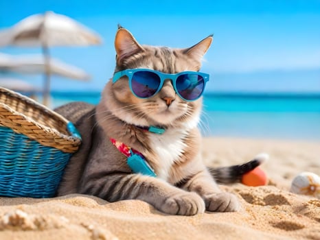 A cat wearing sunglasses is sitting on the beach ai generate photo