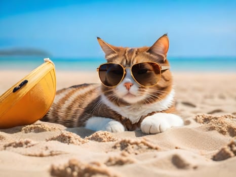 A cat wearing sunglasses is sitting on the beach ai generate photo