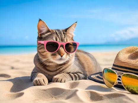 A cat wearing sunglasses is sitting on the beach ai generate photo