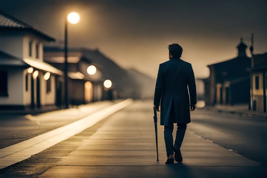 a man in a suit walks down a street at night. AI-Generated photo