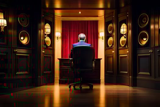 a man in a suit sitting in a chair in a room with speakers. AI-Generated photo