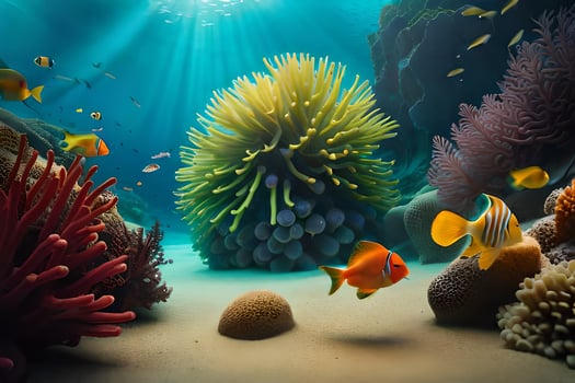 photo wallpaper sea, coral, fish, anemonia, anemone, coral, fish. AI-Generated