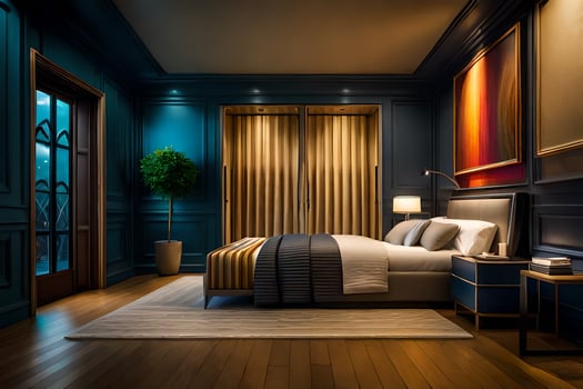 a bedroom with blue walls and wood floors. AI-Generated photo