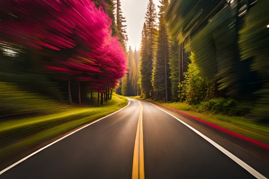 a blurry image of a road with trees and pink trees. AI-Generated photo