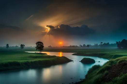 a river and a field at sunset. AI-Generated photo