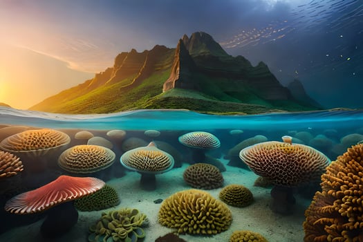 a beautiful underwater scene with a mountain and a sea of coral. AI-Generated photo