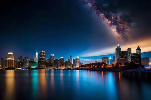 the milky way over the city skyline at night. AI-Generated photo