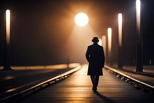 a man in a hat walks down a dark road at night. AI-Generated photo