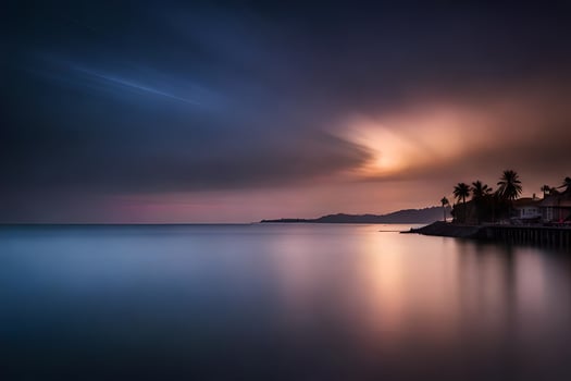 a long exposure photograph of a beach at night. AI-Generated photo