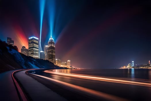 the city lights up at night with long exposure. AI-Generated photo