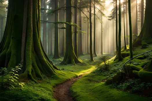 a path through a forest with mossy trees. AI-Generated photo